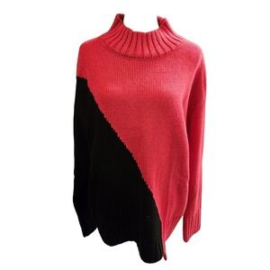 Macaron Women's Mock Neck XL Pink & Black Chucky Knit Tunic Colorblock‎ Sweater